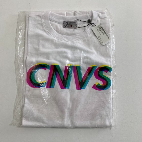 CNVS Neon Logo Print White T Shirt Crew Neck Made in Korea NWT Size M Cotton - Picture 2 of 11